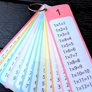 May include: A set of colorful multiplication flashcards attached to a gold ring. Each card displays a multiplication fact, with the answer. The cards are arranged in a fan shape, with pink, orange, yellow, green, blue, and purple borders.