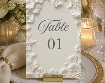 Numéro de table de mariage luxueux en relief, panneau de table floral ivoire, numéro de table élégant pour la réception, papeterie de mariage classique
