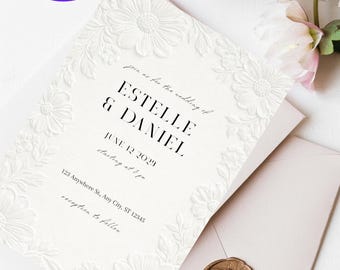 Classic Elegant Floral Embossed Wedding Invite, Ivory Cream Invitation, Digital Download, Canva Editable Template