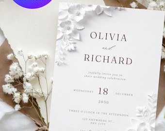 Invitación de boda clásica y elegante con relieve floral, invitación minimalista en color marfil crema, descarga digital, plantilla editable de Canva.