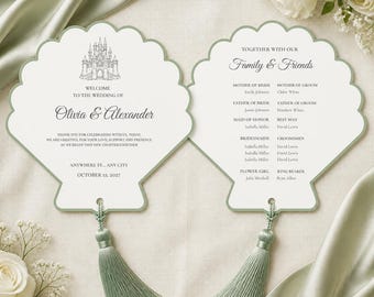 Modèle d'éventail vert sauge pour programme de mariage, éventail orné pour mariage, papeterie de mariage Canva modifiable, téléchargement numérique