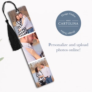May include: A black bookmark with a tassel features three photos of a couple. The bookmark is designed with a white background and the text "Sweet Cartolina Design Online" is printed on the top.