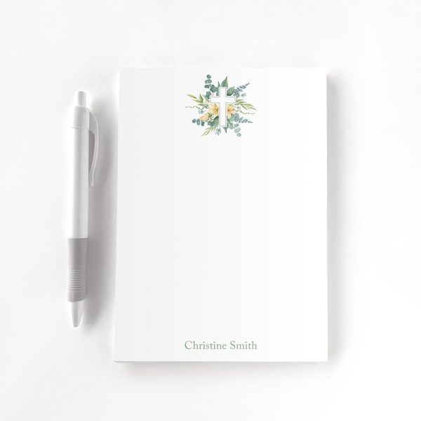 Cross Notepad, Personalized Notepad, Custom Notepad, Personalized Stationery, Writing Pad, Gift for Her, Religious, Faith, God, Greenery