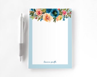 Personalized Notepad, Custom Notepad, Personalized Stationery, Writing Pad, Gift for Her, Blue Flowers, Floral Notepad, Dark Blue Floral
