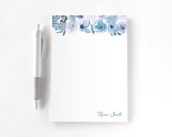 Personalized Notepad, Custom Notepad, Personalized Stationery, Writing Pad, Gift for Her, Floral Notepad, Blue Watercolor Floral Notepad