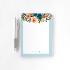 Personalized Notepad, Custom Notepad, Personalized Stationery, Writing Pad, Gift for Her, Blue Flowers, Floral Notepad, Dark Blue Floral