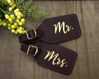 Leather Luggage Tag | Mr & Mrs Leather Luggage Tag | Wifey/Hubby Foil Leather Luggage tag | Real Foil and Real Leather | Set of 2