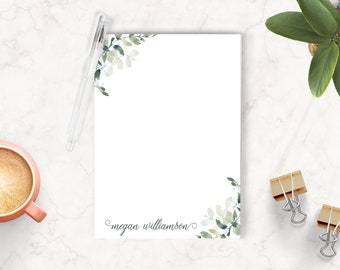 Teacher Gift Personalized Monogram Notepad For Her Green Leaves Personalized Floral Stationary Watercolor Greenery Plants To Do List