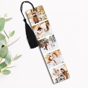 May include: A rectangular bookmark featuring a series of family photos in a winter setting. The bookmark has a black tassel attached to the top. The photos show people in winter clothing, with a dog in some of the photos.