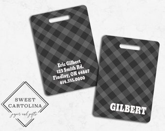 Luggage Tag | Personalized Bag/Luggage Tag | Gift for Him | Travel Accessory | Masculine Bag Tag | Gray Plaid Design