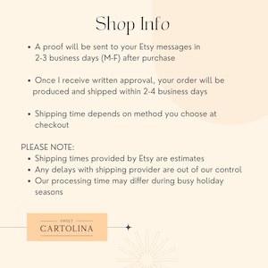 Puede incluir: Gr&aacute;fico color crema con el texto "Shop Info" en la parte superior. Vi&ntilde;etas detallan el proceso de pedido, incluyendo pruebas, producci&oacute;n y env&iacute;o. El logotipo de Sweet Cartolina est&aacute; en la parte inferior.