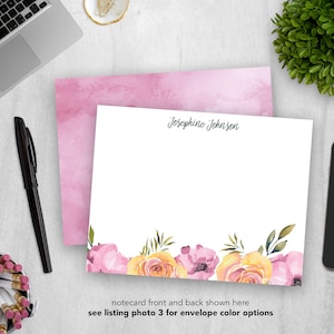 Personalized Stationery Set | Flat Notecard Set | Die-Cut Notecards | Personal Stationary | Rose Watercolor Floral Notecard | Set of 12