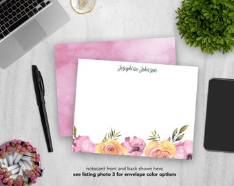 Personalized Stationery Set | Flat Notecard Set | Die-Cut Notecards | Personal Stationary | Rose Watercolor Floral Notecard | Set of 12