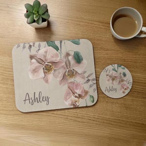 Personalized Mousepad and Coaster Set, Custom Name Desk Decor, Personalized Work Gifts, Office Desk Set, Work from Home Gift, Orchid Floral