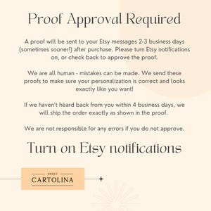 May include: A cream-colored graphic with the text "Proof Approval Required" at the top. The text explains the proofing process, including Etsy notifications and approval timelines. The Sweet Cartolina logo is at the bottom.