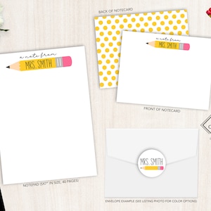 Ensemble de papeterie personnalisée | Jeu de cartes de correspondance plates | Bloc-notes personnalisé cadeau pour professeur | Ensemble de papeterie personnelle pour professeur | Crayon jaune