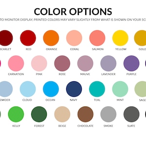 Puede incluir: Una carta de colores con 30 opciones, cada una mostrada como un c&iacute;rculo s&oacute;lido. Los colores van del escarlata y el rojo al negro, incluyendo tonos de rosa, azul, verde y marr&oacute;n. El texto en la parte superior dice "COLOR OPTIONS".