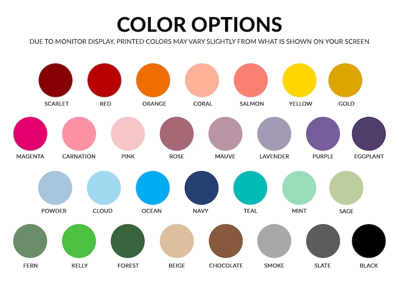 Puede incluir: Una carta de colores con 30 opciones, cada una mostrada como un c&iacute;rculo s&oacute;lido. Los colores van del escarlata y el rojo al negro, incluyendo tonos de rosa, azul, verde y marr&oacute;n. El texto en la parte superior dice "COLOR OPTIONS".