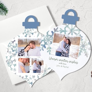 Carte photo de Noël, carte photo, joyeux Noël, carte de voeux pour les fêtes, carte en forme d'ornement, carte de vœux, flocon de neige aquarelle