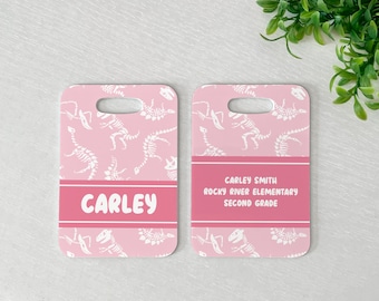 Etiqueta para equipaje / Etiqueta personalizada para bolso / Mochila infantil / Mochila escolar / Etiqueta para pañalera / Etiqueta personalizada para bolso / Dinosaurios / Huesos de dinosaurio rosa