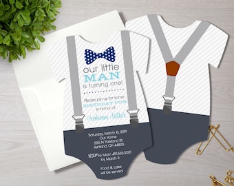 Little Man Birthday Invitations  | Bodysuit Shaped Birthday Invitation | Boy First Birthday | Printed Birthday Invitation | Navy Polka Dot