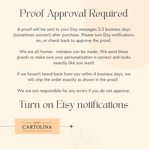 May include: A cream-colored graphic with the text "Proof Approval Required" at the top. The text explains the proofing process, including Etsy notifications and approval timelines. The Sweet Cartolina logo is at the bottom.