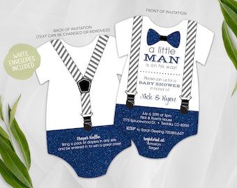 Little Man Baby Shower Invitation Boy | Bow Tie and Suspenders Baby Shower Invite | Printed Invitation | Baby Bodysuit | Navy Blue Glitter