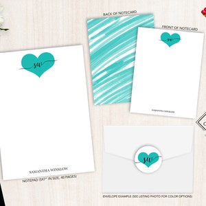 Ensemble de papeterie personnalisée | Jeu de cartes de correspondance plates | Bloc-notes personnalisé | Ensemble de papeterie personnelle Monogram | Sceau monogramme coeur