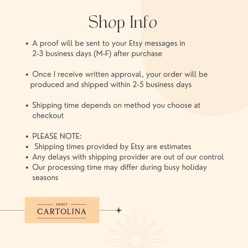 May include: A cream-colored graphic with the text "Shop Info" at the top. Bullet points detail the order process, including proofing, production, and shipping times. The shop's name, "SWEET CARTOLINA," is displayed at the bottom.