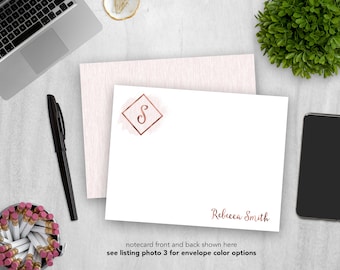 Personalized Stationery Set | Flat Notecard Set | Die-Cut Notecards | Personal Stationary | Rose Gold Monogram Notecard | Set of 12