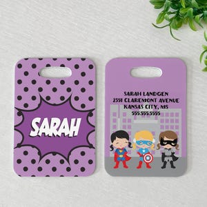 Luggage Tag | Personalized Bag/Luggage Tag | Kids Backpack Tag | Diaper Bag Tag | Custom Bag Tag | Travel Accessory | Girl Superhero Purple