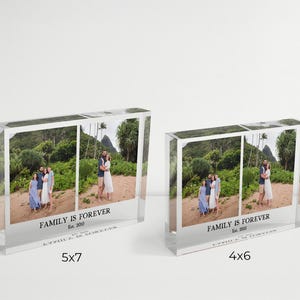 May include: Two clear acrylic photo blocks, one labeled 5x7 inches and the other 4x6 inches. Each block displays a family photo with the text "FAMILY IS FOREVER Est. 2010". The photos show people on a beach.