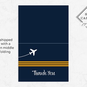 May include: A navy blue thank you card with a white airplane and yellow stripes. The text "Thank You" is written in white cursive font.