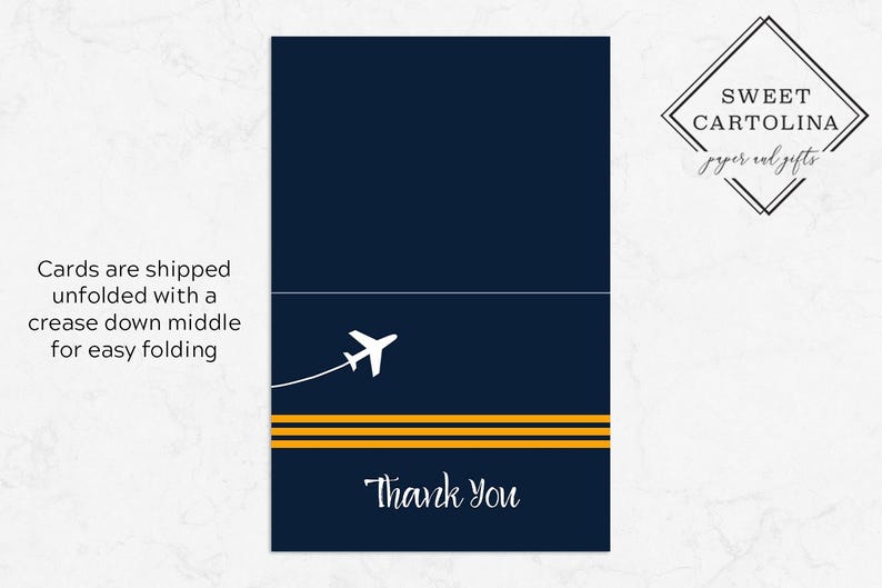 May include: A navy blue thank you card with a white airplane and yellow stripes. The text "Thank You" is written in white cursive font.