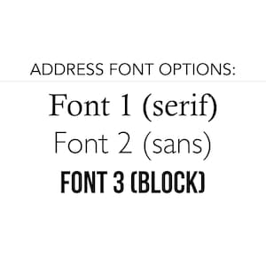May include: White background with the text "ADDRESS FONT OPTIONS:" followed by three font options: Font 1 (serif), Font 2 (sans), and FONT 3 (BLOCK). The text is in black.
