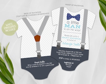 Little Man Baby Shower Invitation | Bow Tie and Suspenders Baby Shower | Printed Die Cut Invitation | Baby Bodysuit | Navy Blue Polka Dot