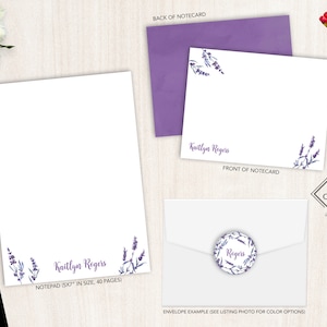 Ensemble de papeterie personnalisée | Jeu de cartes de correspondance plates | Bloc-notes personnalisé | Ensemble de papeterie personnelle floral violet | Violet vif