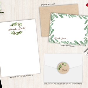 Ensemble de papeterie personnalisée | Jeu de cartes de correspondance plates | Bloc-notes personnalisé | Ensemble de papeterie personnelle de verdure | Papeterie couronne d'oliviers