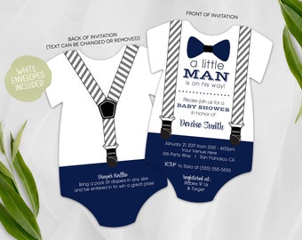 Little Man Baby Shower Invitation Boy | Bow Tie and Suspenders Baby Shower Invite | Printed Invitation | Baby Bodysuit | Navy Bow Tie