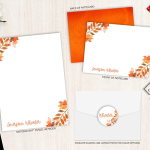 Ensemble de papeterie personnalisée | Jeu de cartes de correspondance plates | Bloc-notes personnalisé | Ensemble de papeterie personnelle d'automne | Feuilles d'automne | Feuilles d'automne
