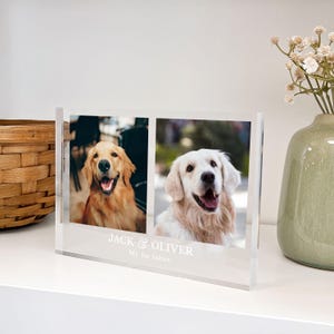 May include: Clear acrylic photo frame with two dog portraits. The frame has the text "JACK & OLIVER My fur babies" at the bottom. The dogs are golden retrievers, one with a golden coat and the other with a cream coat.