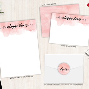 Ensemble de papeterie personnalisée | Jeu de cartes de correspondance plates | Bloc-notes personnalisé | Ensemble de papeterie personnelle aquarelle | Calligraphie aquarelle fard à joues