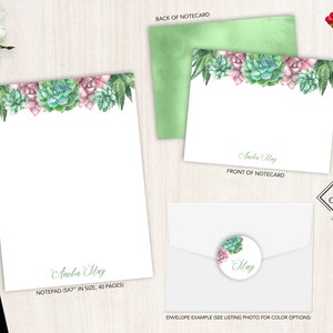 Ensemble de papeterie personnalisée | Jeu de cartes de correspondance plates | Bloc-notes personnalisé | Ensemble de papeterie personnelle florale | Floral succulent