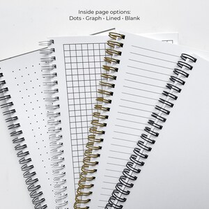 May include: Four different notebooks with different page styles: dotted, grid, lined, and blank. Each notebook has a different colored coil binding: black, white, gold, and black.