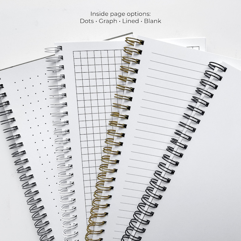 May include: Four different notebooks with different page styles: dotted, grid, lined, and blank. Each notebook has a different colored coil binding: black, white, gold, and black.