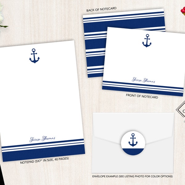 Personalized Stationery Set | Flat Notecard Set | Personalized Notepad | Nautical Personal Stationery Set | Anchors Away