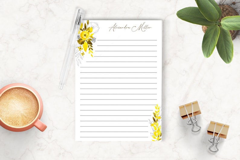 Custom Notepad Whimsical Floral Notepad Writing Pad Yellow Flowers Gift for Her Personalized Notepad Personalized Stationery