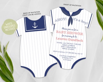 Baby Shower Invitation | Nautical Themed Shower Invitation | Printed Die Cut Invitation | Baby Bodysuit | Sailor