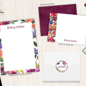 Ensemble de papeterie personnalisée | Jeu de cartes de correspondance plates | Bloc-notes personnalisé | Ensemble de papeterie personnelle florale | Fleurs vives