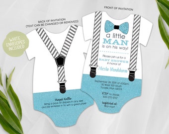 Little Man Baby Shower Invitation Boy | Bow Tie and Suspenders Baby Shower Invite | Printed Invitation | Baby Bodysuit | Baby Blue Glitter